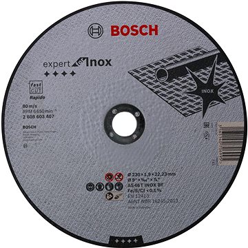 BOSCH Dělicí kotouč rovný Expert for Inox - Rapido AS 46 T INOX BF, 230 mm, 1,9 mm 2.608.603.407
BOSCH Dělicí kotouč rovný Expert for Inox - Rapido AS 46 T INOX BF, 230 mm, 1,9 mm 2.608.603.407