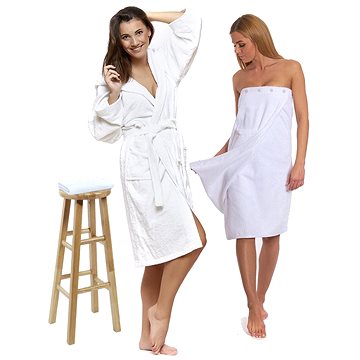 Interkontakt Sada White: župan s kapucí + dámský saunový kilt + osuška Velikost županu XXL
Interkontakt Sada White: župan s kapucí + dámský saunový kilt + osuška Velikost županu XXL