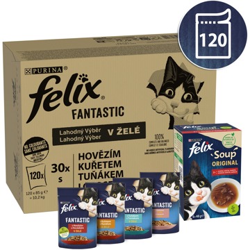 Felix Fantastic multipack lahodný výběr v želé 120 × 85 g + Soup Lahodný výběr s hovězím, kuřetem a
Felix Fantastic multipack lahodný výběr v želé 120 × 85 g + Soup Lahodný výběr s hovězím, kuřetem a