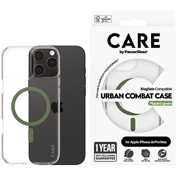 PanzerGlass CARE kryt Apple iPhone 16 Pro Max MagSafe Combat čirý/zelený + záruka proti žloutnutí
PanzerGlass CARE kryt Apple iPhone 16 Pro Max MagSafe Combat čirý/zelený + záruka proti žloutnutí