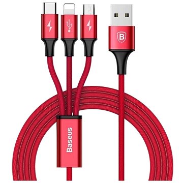 Obrázok Baseus Rapid USB - micro USB / Lightning / USB-C kábel 3A 1,2m, červený (CAMLT-SU09)