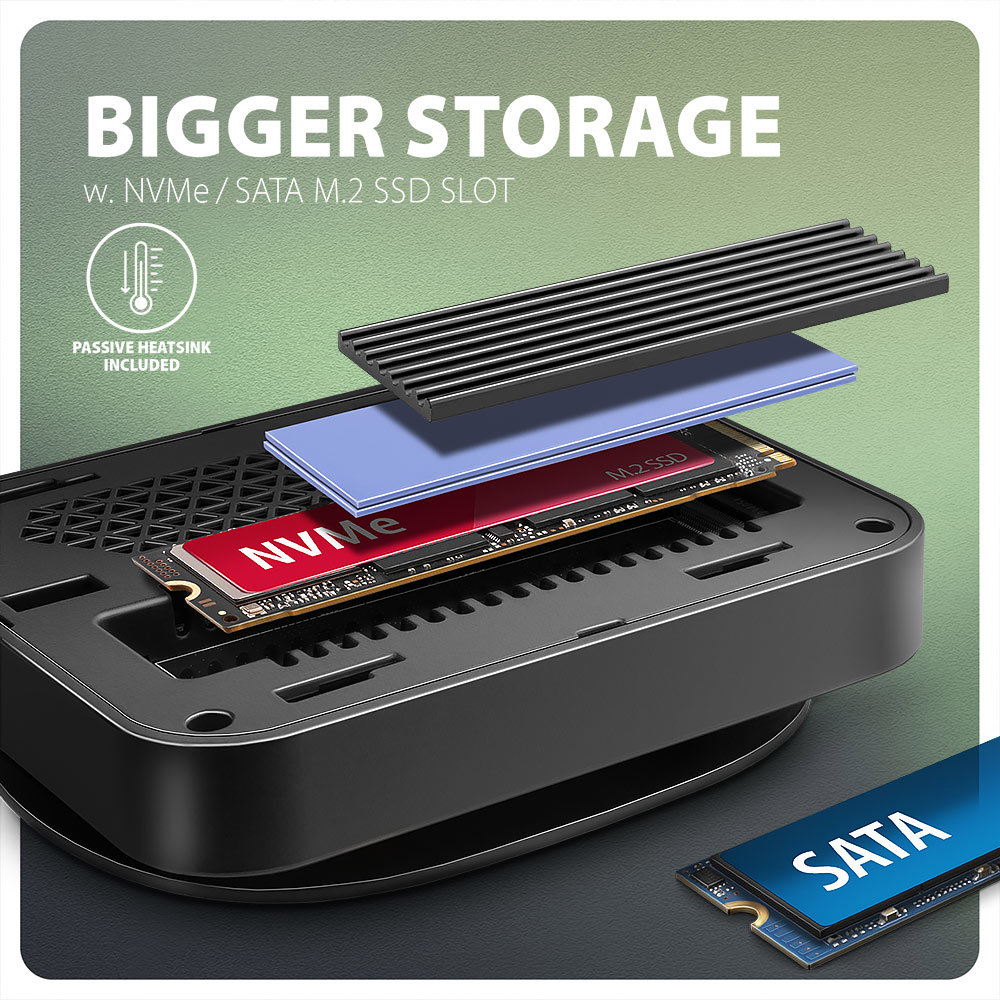 AXAGON HMC-UFO Slot pro NVMe/SATA M.2 disky a pasivní ALU chladič