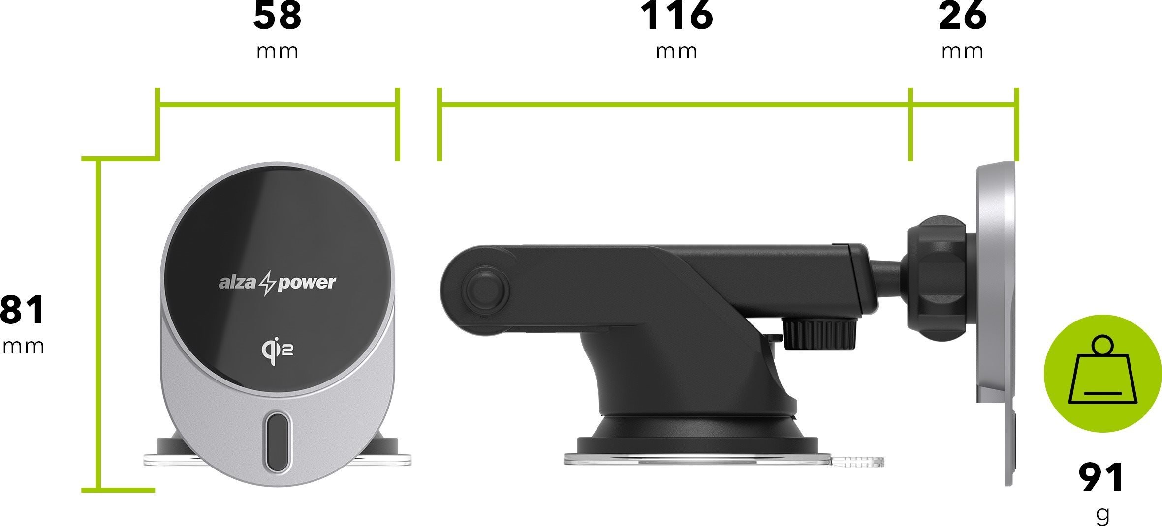 Handyhalterung AlzaPower WQC201 Wireless Qi2 Car Charger 15W schwarz