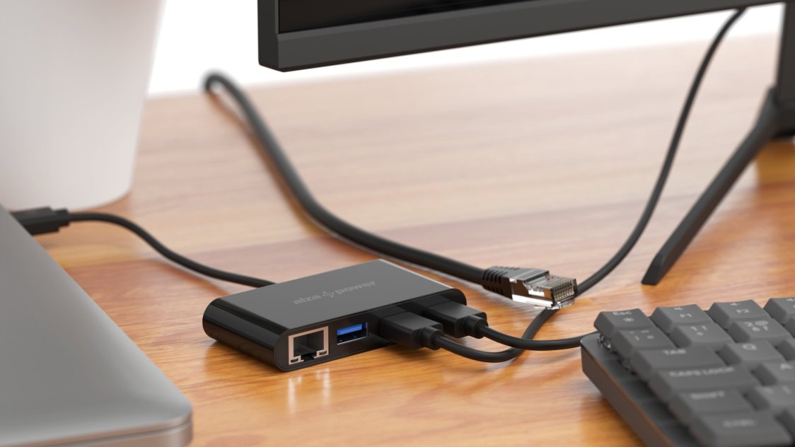 USB-Hub AlzaPower USB-Hub USB-C (M) auf 3× USB-A 3.0 (F) mit RJ45 schwarz