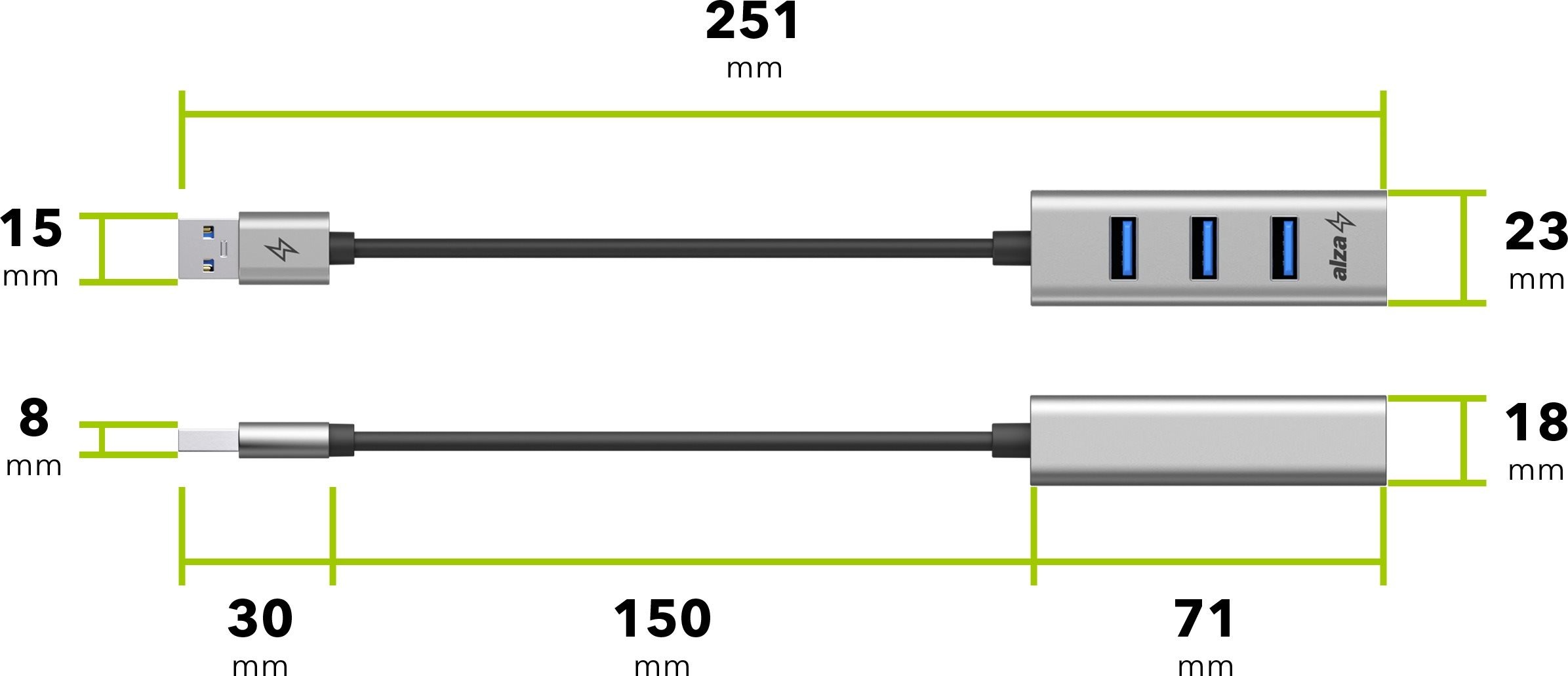 USB Hub AlzaPower Metal USB hub USB-A (M) na 4× USB-A 3.0 (F) vesmírně šedý