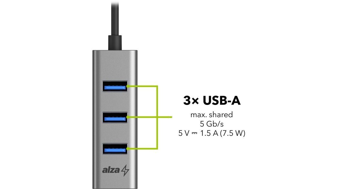 USB Hub AlzaPower Metal USB hub USB-A (M) na 4× USB-A 3.0 (F) vesmírně šedý