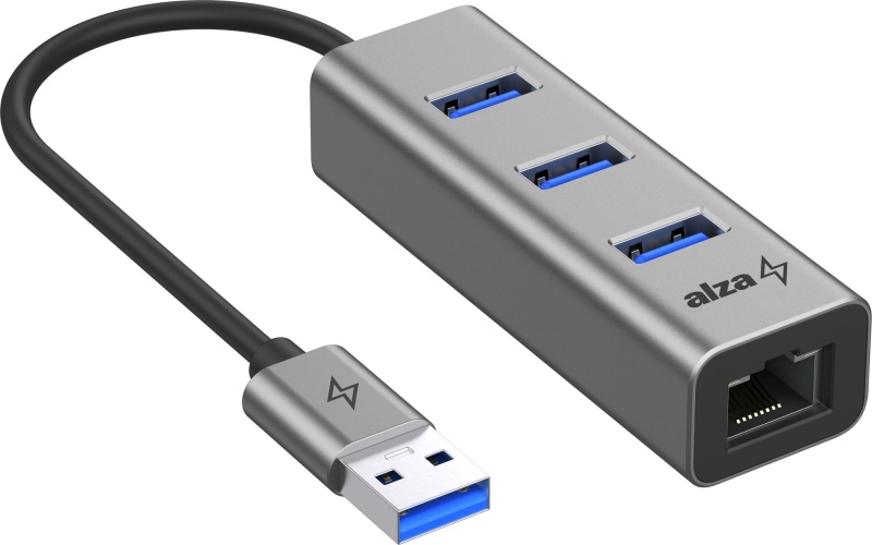 AlzaPower Metall-USB-Hub USB-A (M) auf 3× USB-A 3.0 (F) mit RJ45-Platz grau