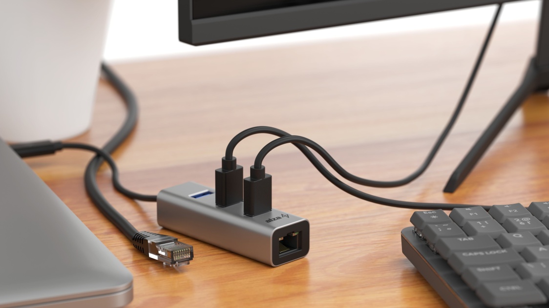 AlzaPower Metall-USB-Hub USB-A (M) auf 3× USB-A 3.0 (F) mit RJ45-Platz grau