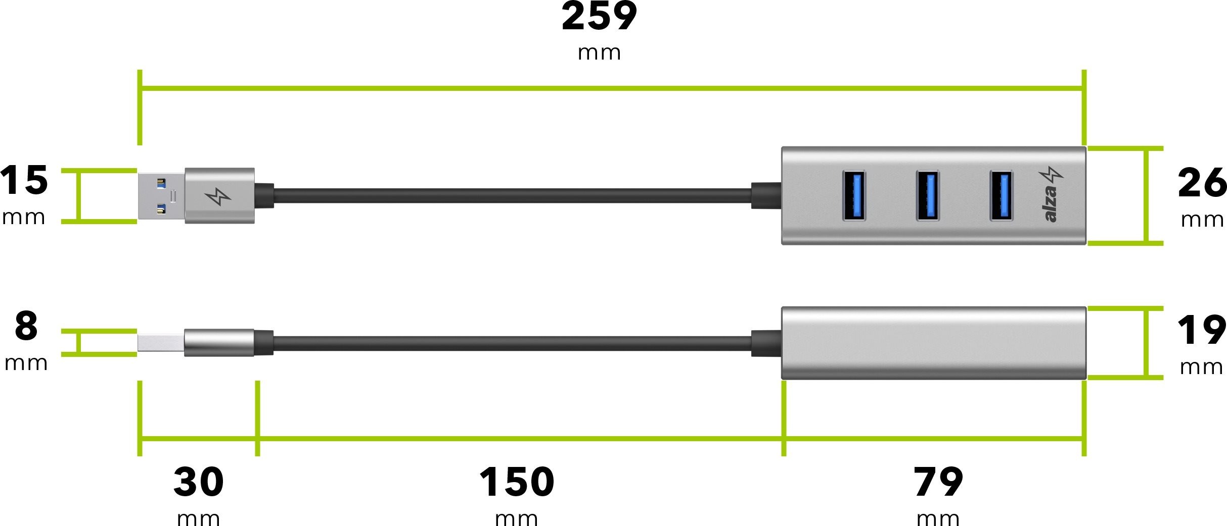 AlzaPower Metall-USB-Hub USB-A (M) auf 3× USB-A 3.0 (F) mit RJ45-Platz grau