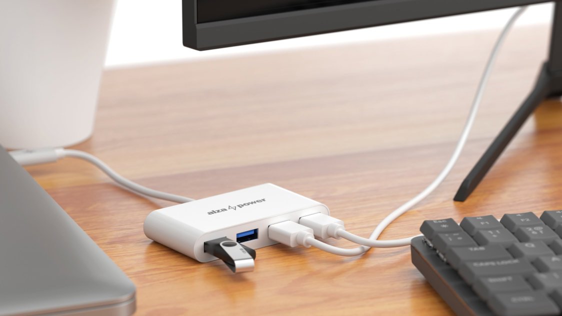 USB-Hub AlzaPower USB-Hub USB-C (M) auf 4× USB-A 3.0 (F) weiß