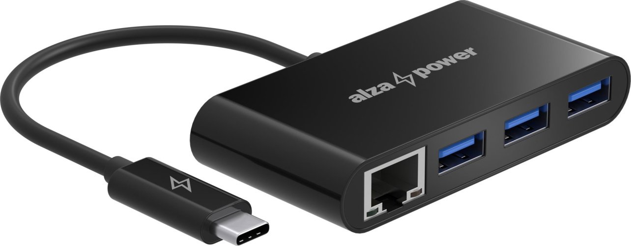 USB-Hub AlzaPower USB-Hub USB-C (M) auf 3× USB-A 3.0 (F) mit RJ45 schwarz