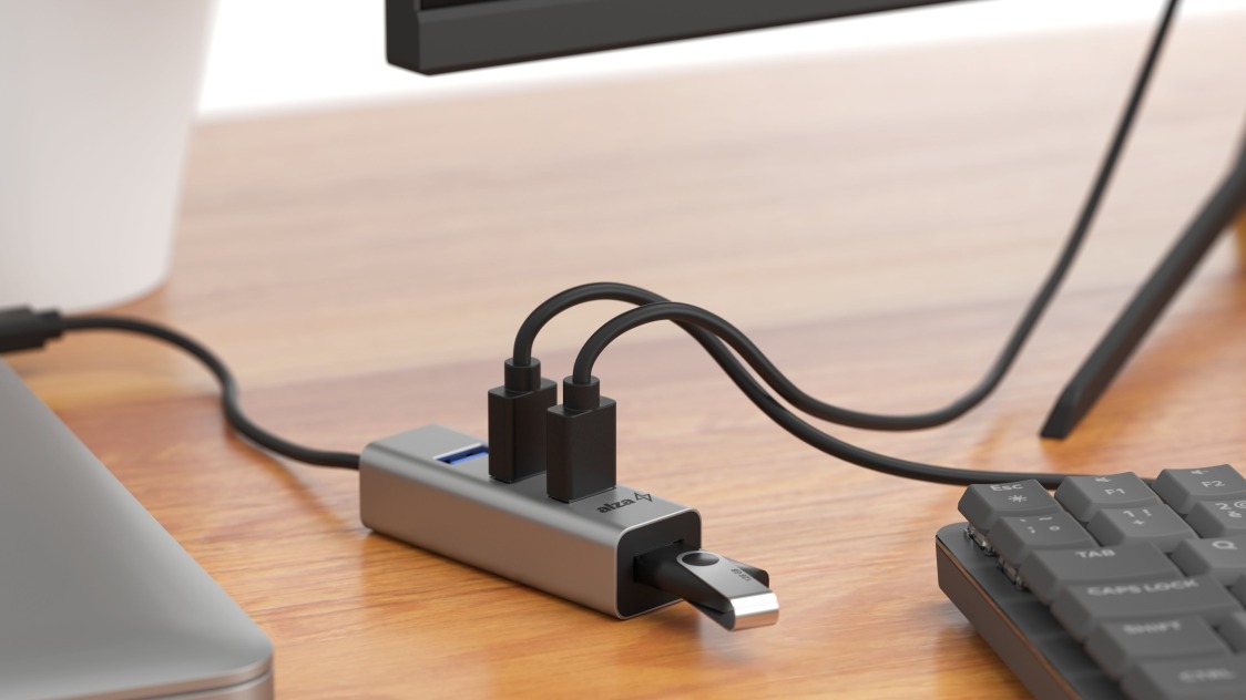 USB Hub AlzaPower Metal USB Hub USB-C (M) to 4× USB-A 3.0 (F) space grey