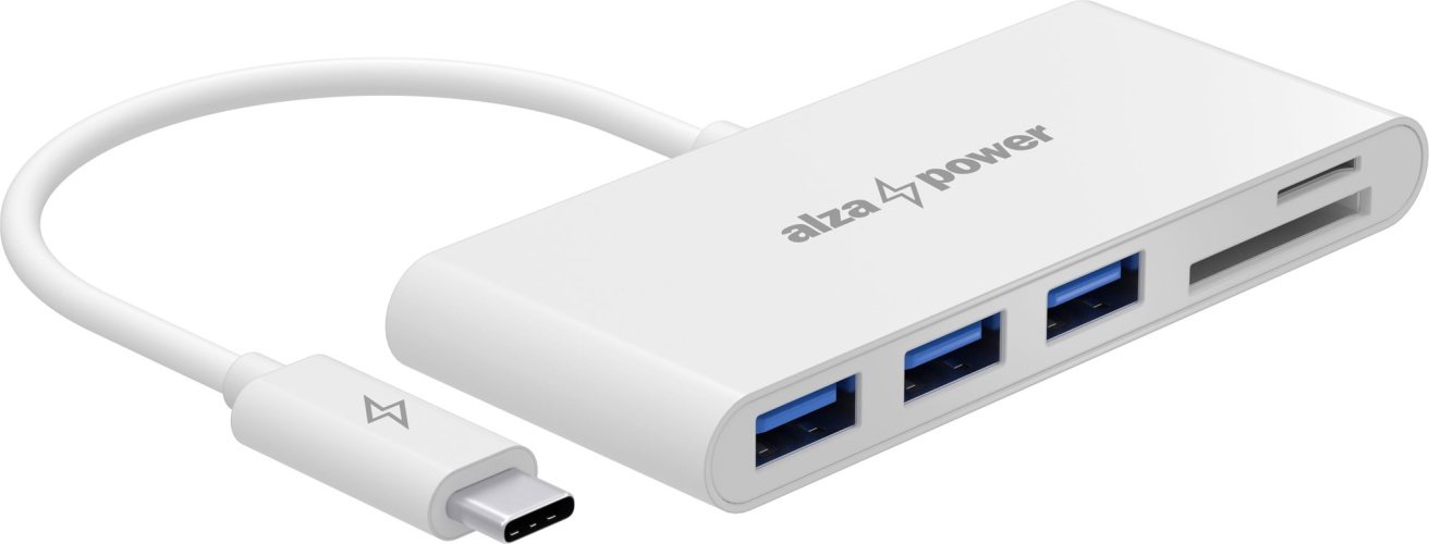 USB Hub AlzaPower USB Hub USB-C (M) to 3× USB-A 3.0 (F) and Card Reader white