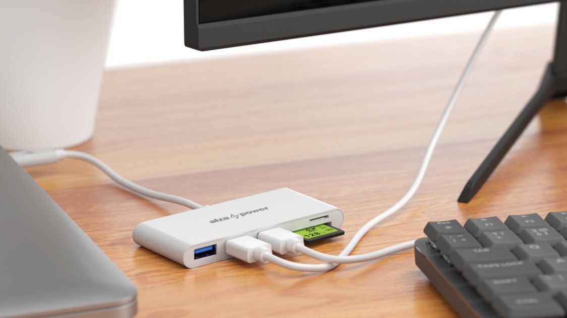 USB Hub AlzaPower USB Hub USB-C (M) to 3× USB-A 3.0 (F) and Card Reader white