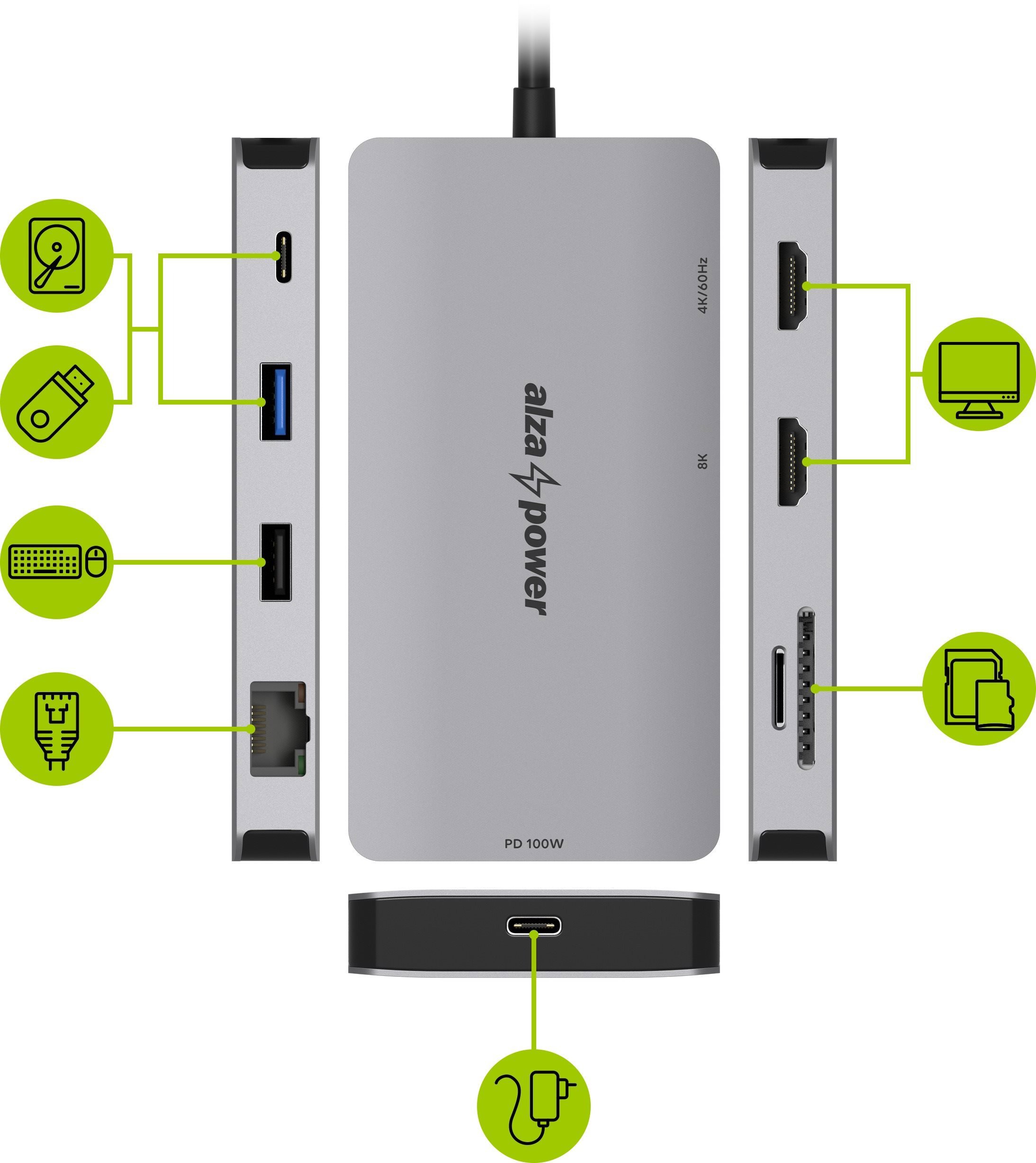 AlzaPower Metal USB-C Dock Station 9in1 Dual Screen 8K Space Grey