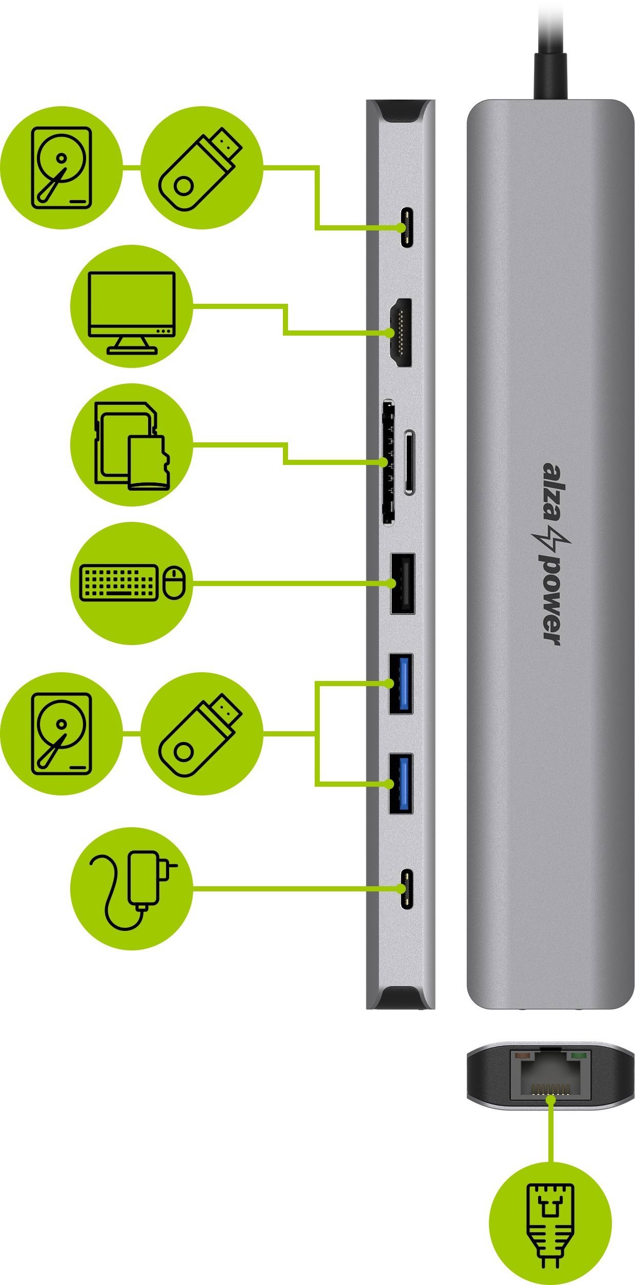 AlzaPower Metal USB-C Dock Station 9in1 (140W) Space Grau
