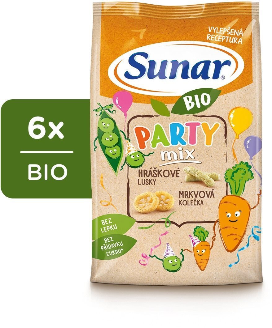 Sunar BIO Party mix, hráškové a mrkvové dětské křupky 6× 45 g