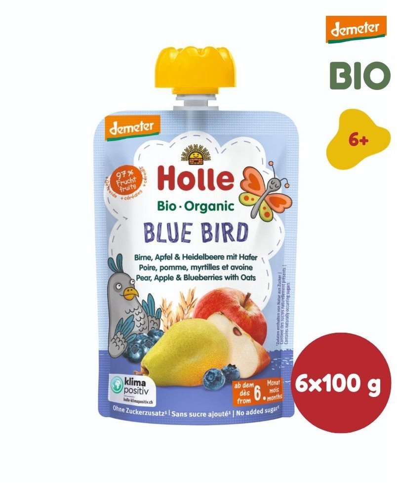 Kapsička pro děti HOLLE Blue Bird BIO hruška jablko borůvky a vločky 6× 100 g