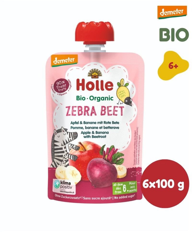 Kapsička pro děti HOLLE Zebra Beet-BIO jablko banán a červená řepa 6× 100 g