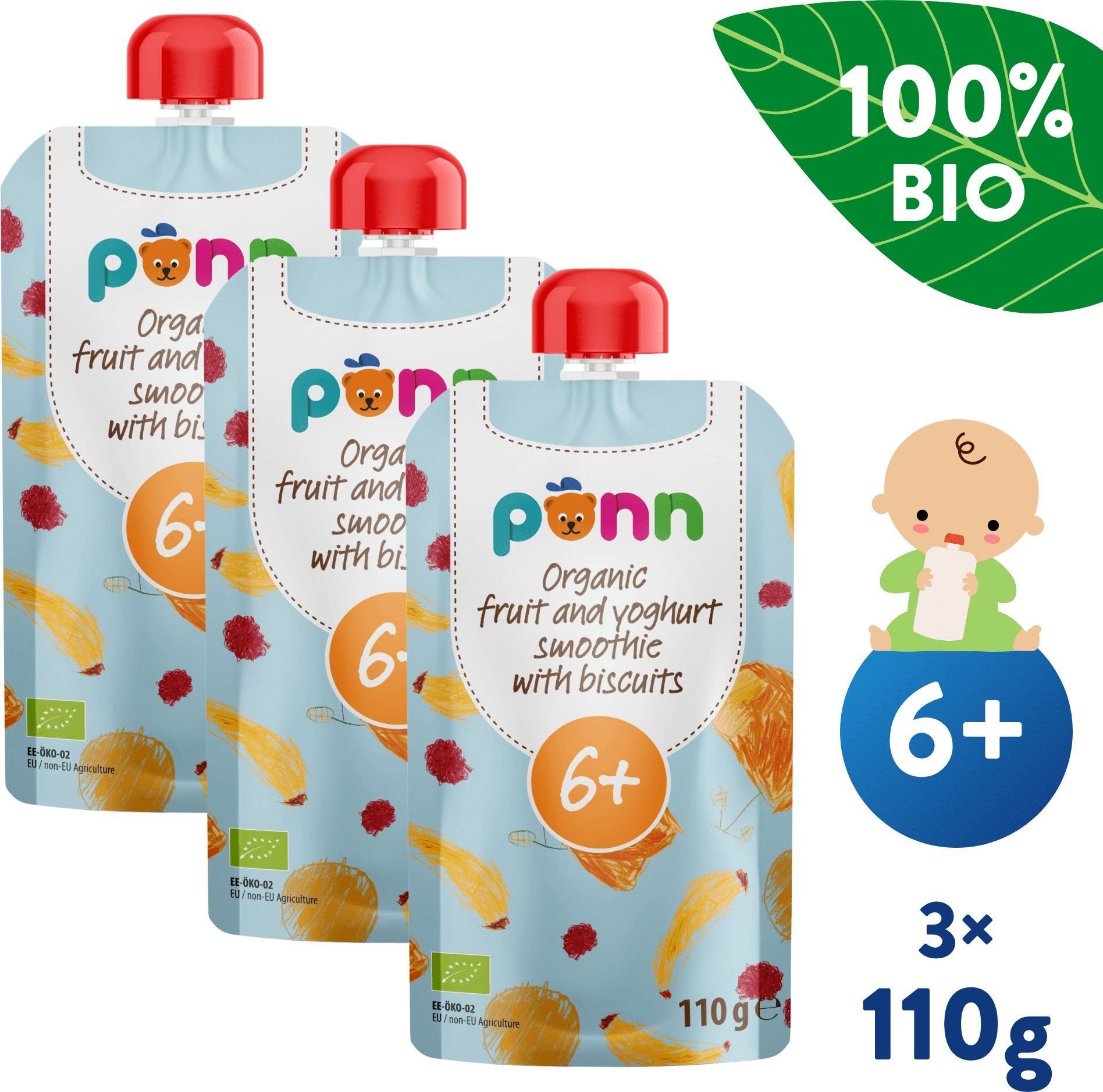 Kapsička pro děti SALVEST Ponn BIO Ovocné smoothie s jogurtem a sušenkami 3× 110 g