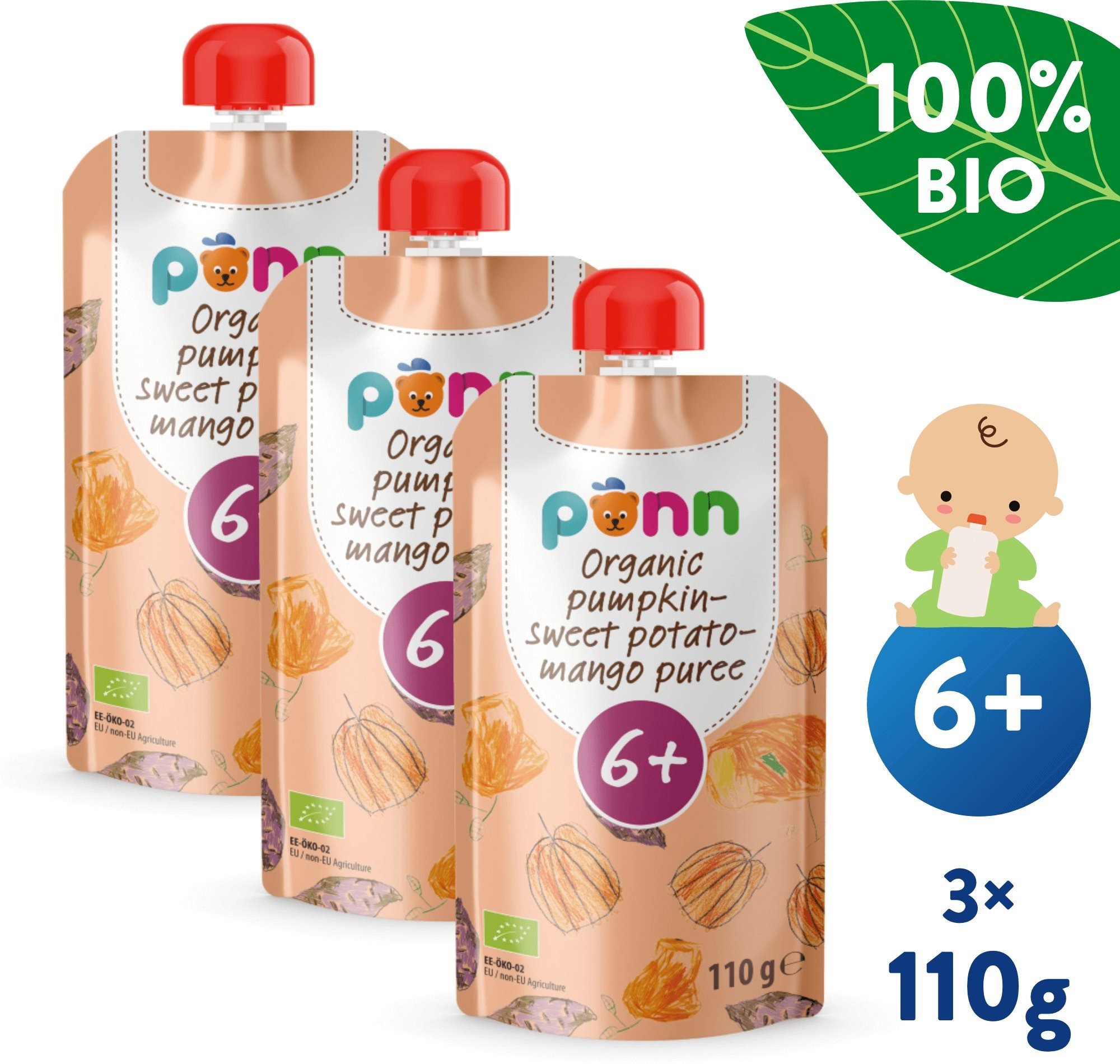 Kapsička pro děti SALVEST Ponn BIO Pyré z dýně, brambor a manga 3× 110 g