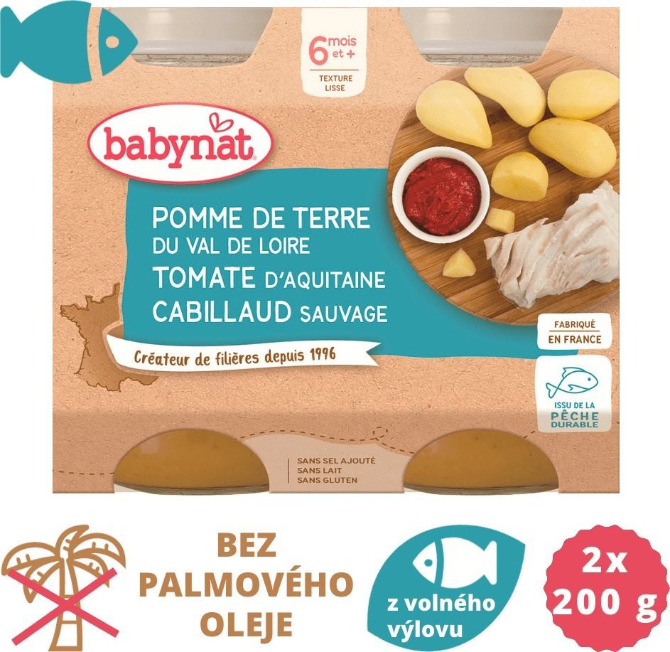 Příkrm BABYNAT Brambory s rajčaty a treskou 2× 200g
