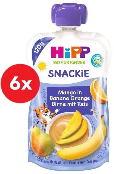 Kapsička pro děti HiPP BIO Snackie Hruška-Pomeranč-Mango-Banán-Rýže 6× 120 g
