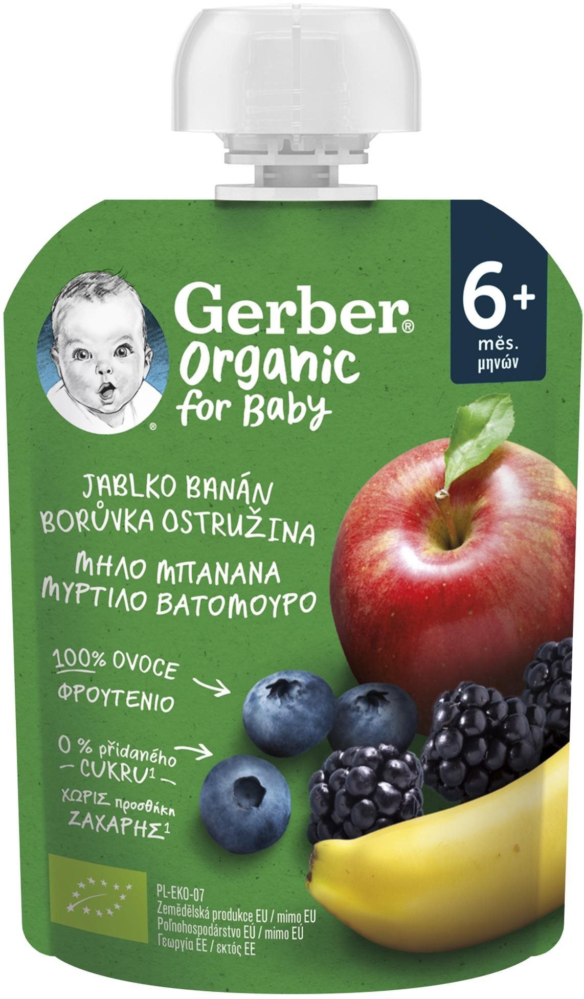 Kapsička pro děti GERBER ORGANIC kapsička jablko, banán, borůvka a ostružina 90 g