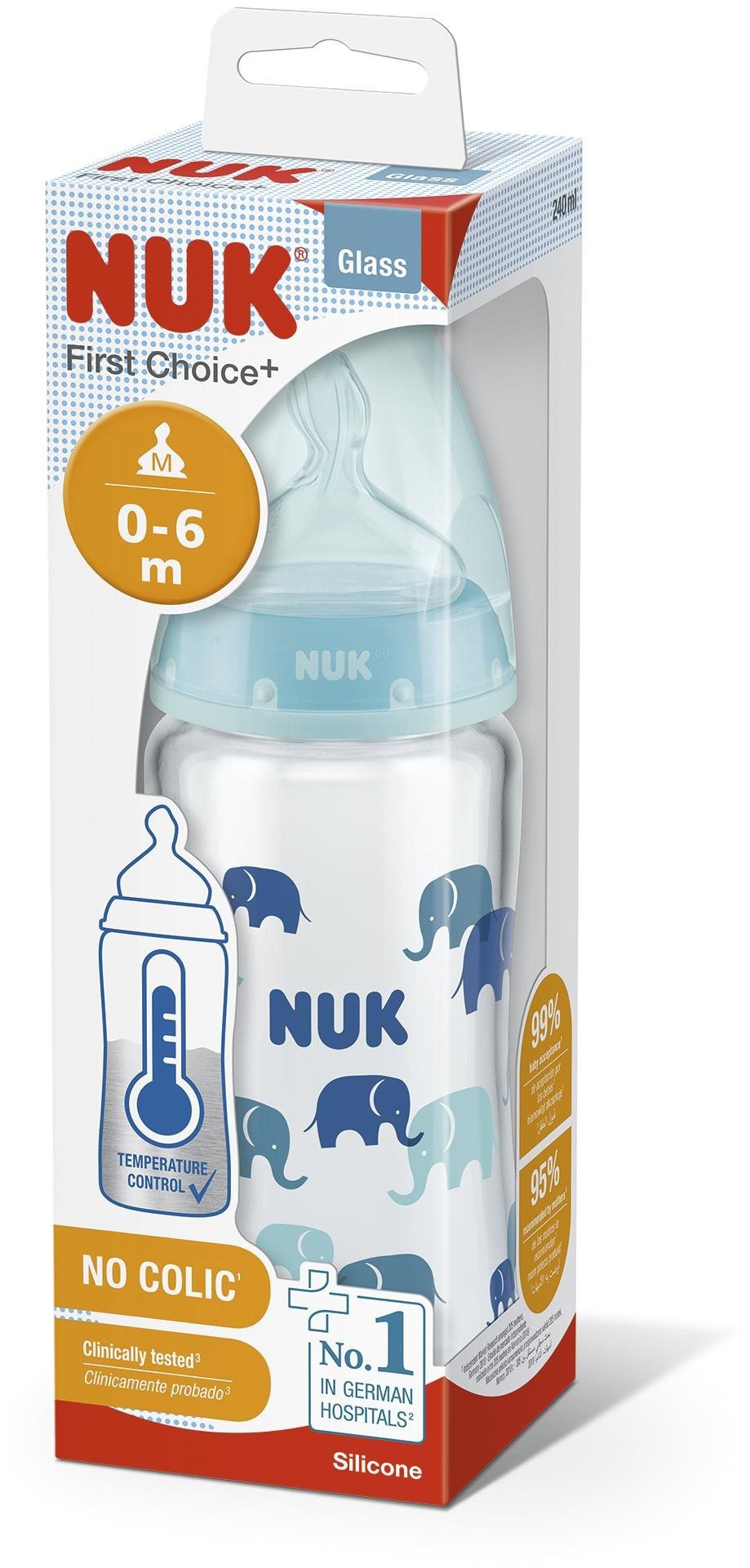 NUK FC+ láhev sklo s kontrolou teploty 240 ml, modrá