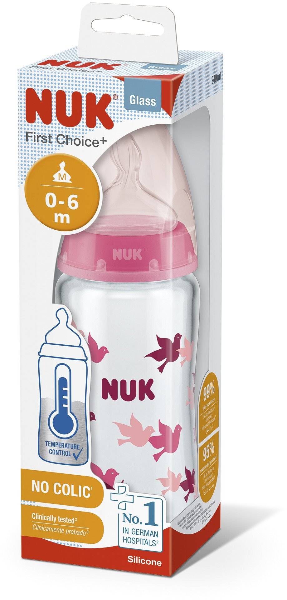NUK FC+ láhev sklo s kontrolou teploty 240 ml, růžová