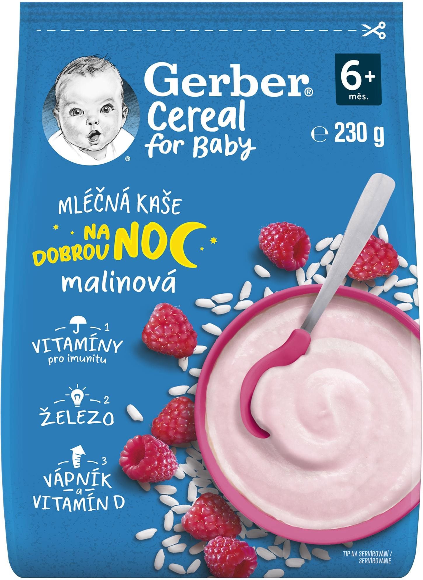 Mléčná kaše GERBER Cereal mléčná kaše Dobrou noc malinová 230 g