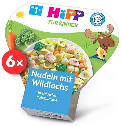 Příkrm HiPP Těstoviny s divokým lososem a bylinkovo-smetanovou omáčkou 6× 250 g