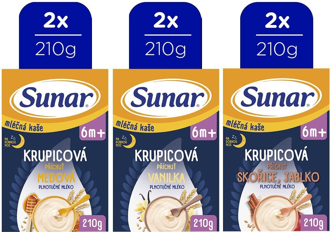 Sunar mléčná krupicová kaše na dobrou noc mix příchutí 6m+, 6× 210 g