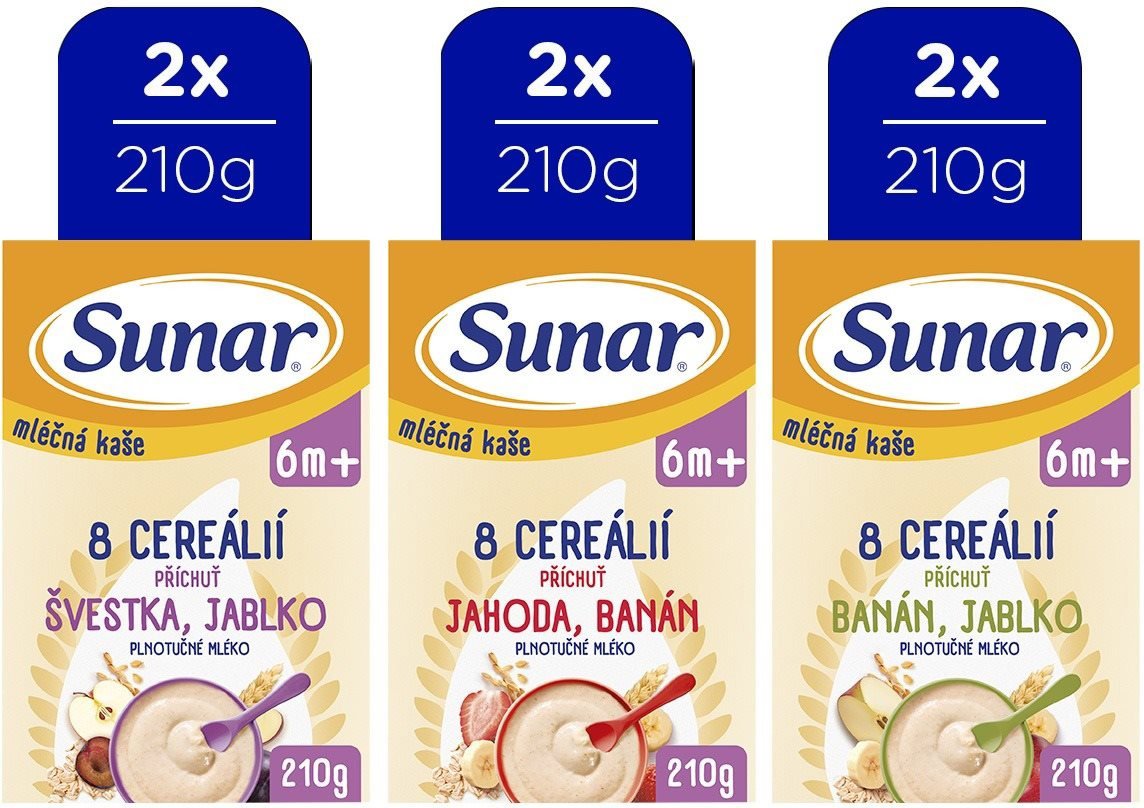 Sunar mléčná kaše 8 cereálií mix příchutí 6m+, 6× 210 g