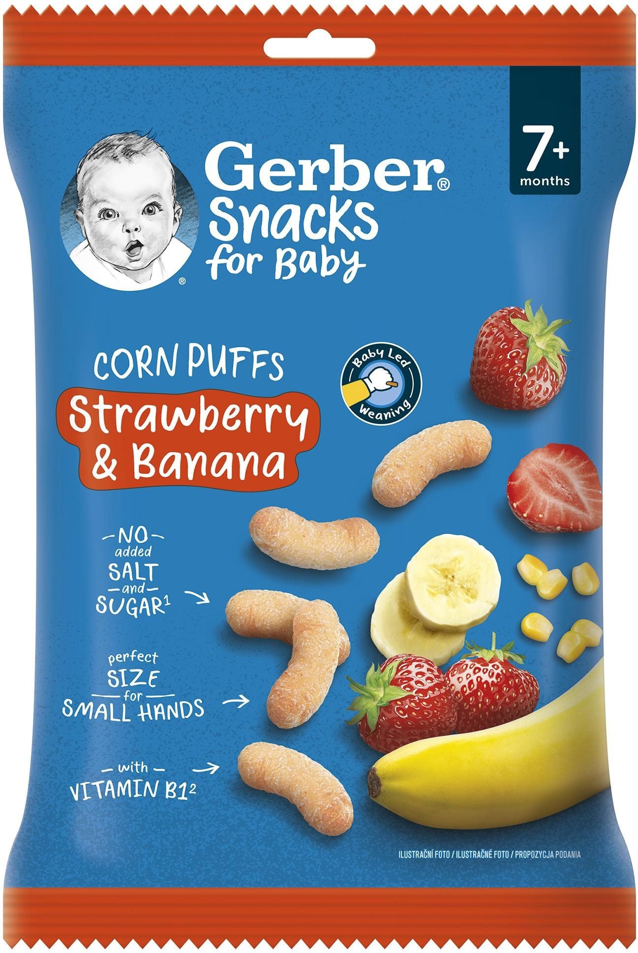 Křupky pro děti GERBER Snacks kukuřičné křupky jahoda a banán 28 g