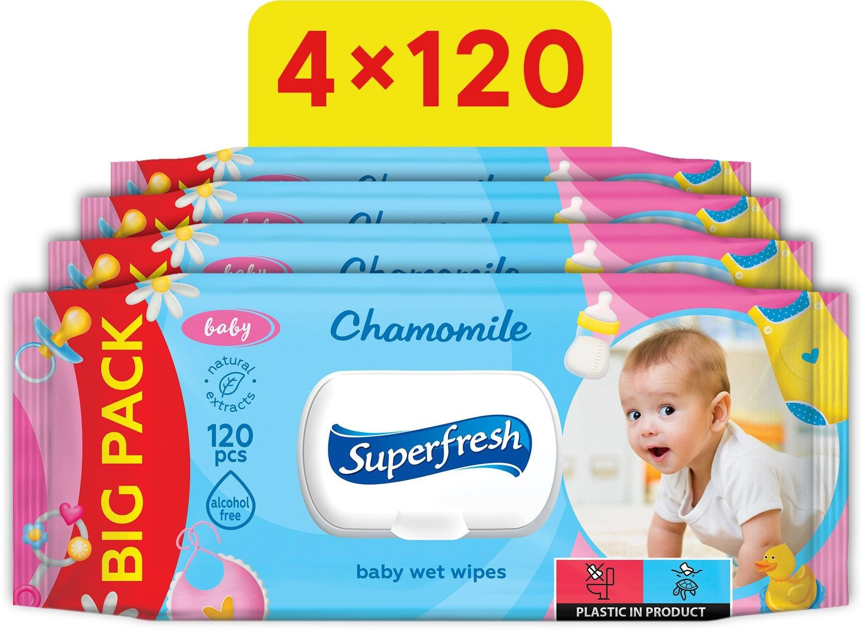 Vlhčené ubrousky Superfresh s heřmánkem 4× 120 ks (480 ks)