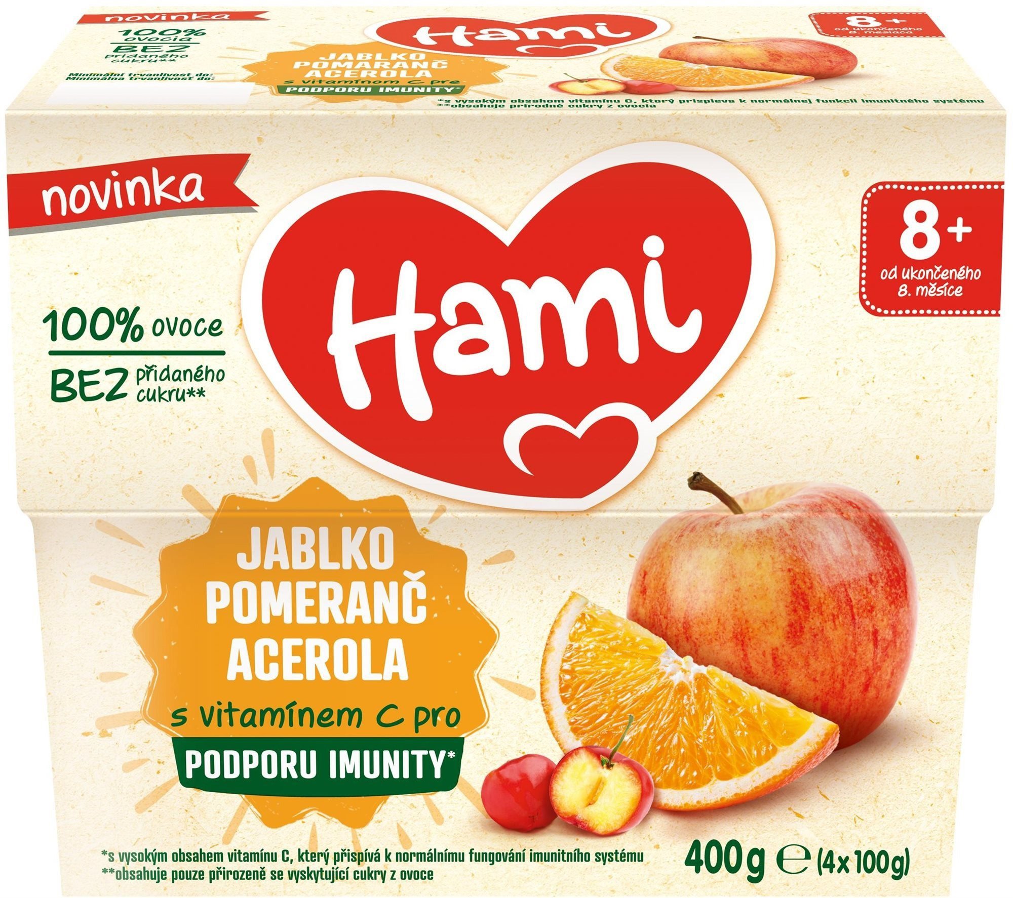 Příkrm Hami ovocný příkrm 100% Jablko pomeranč acerola 4× 100 g