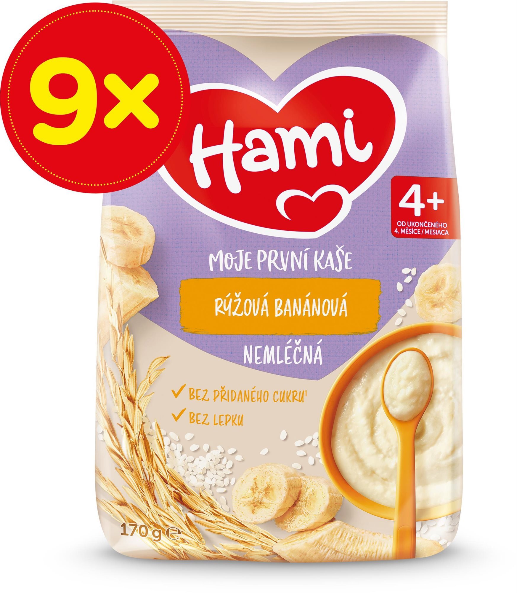 Nemléčná kaše Hami Moje první kaše nemléčná rýžová banánová 4+, 9× 170 g