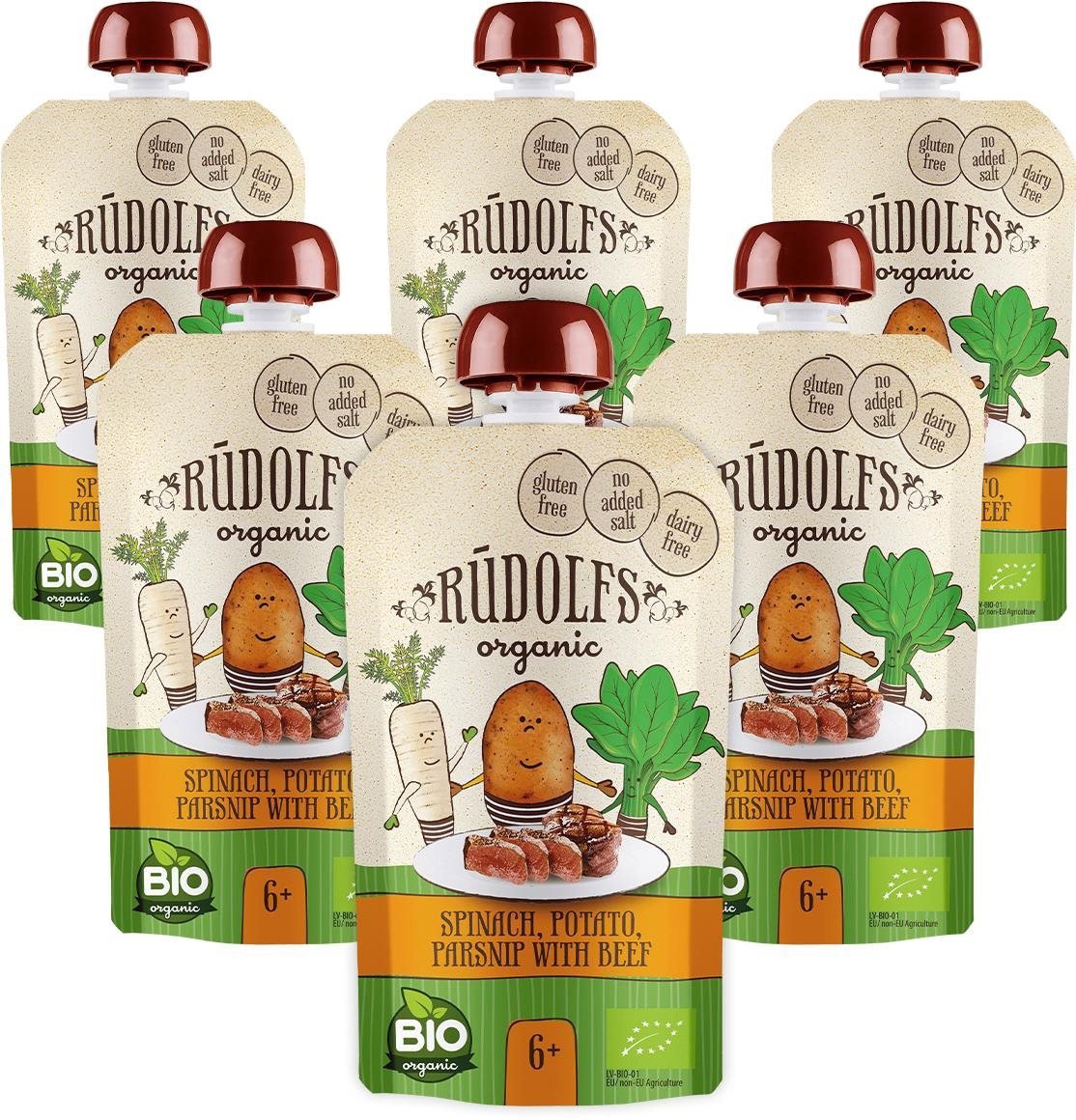 Rudolfs Organic Spinach, potatoes, pasty with beef 6 × 110 g