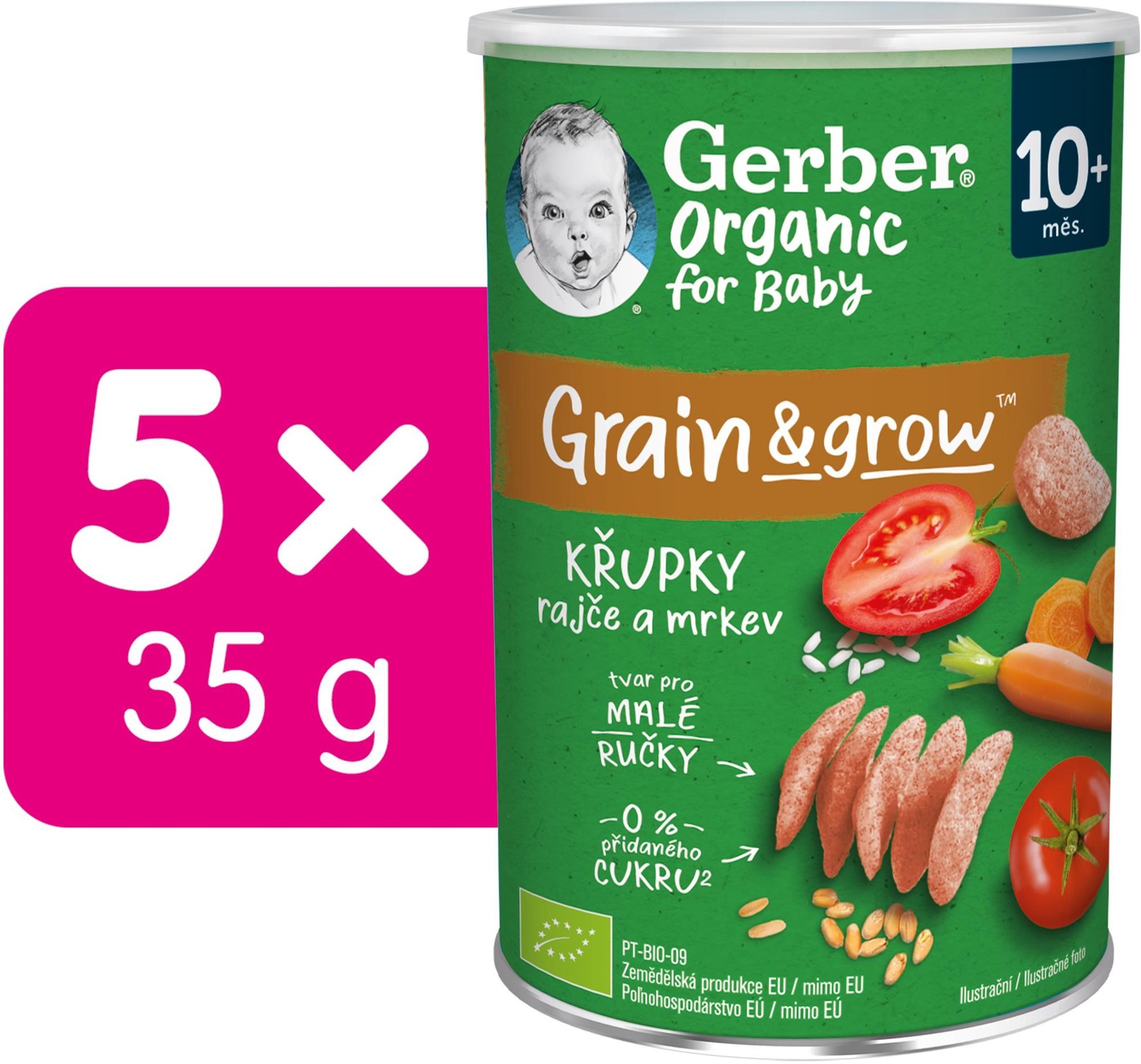 Křupky pro děti GERBER Organic křupky s rajčaty a mrkví 5× 35 g