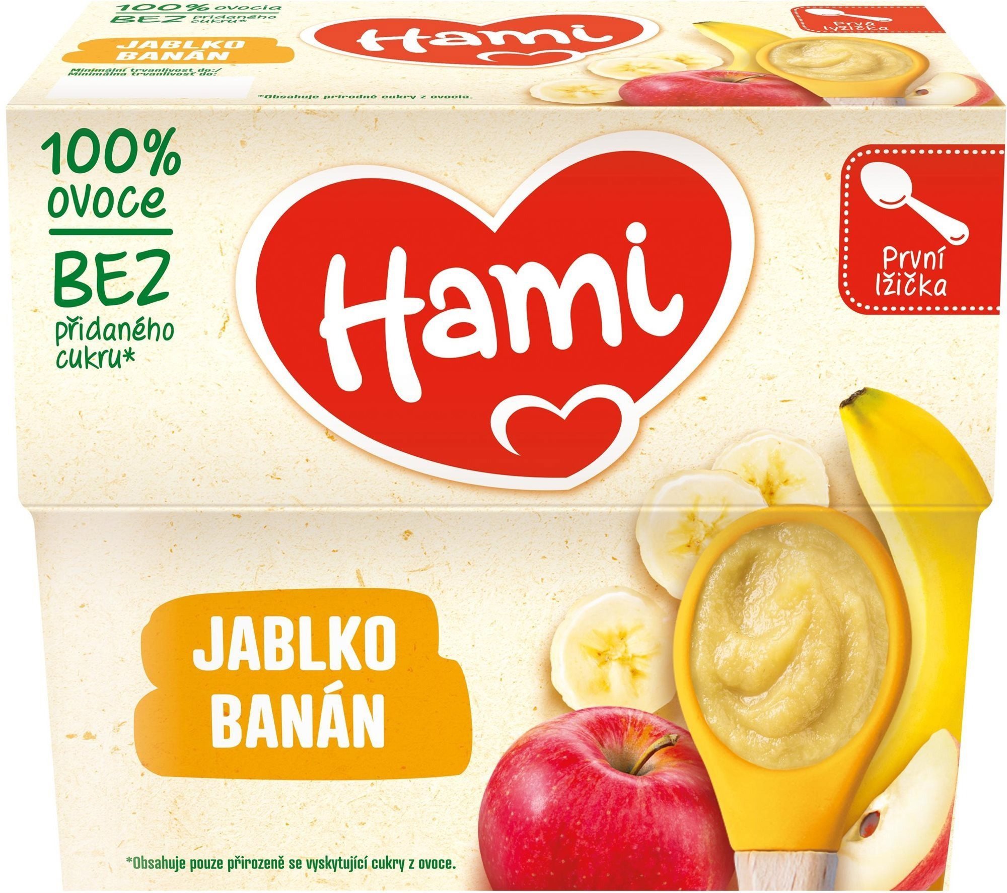 Příkrm Hami ovocný příkrm 100% Jablko a banán první lžička 4× 100 g