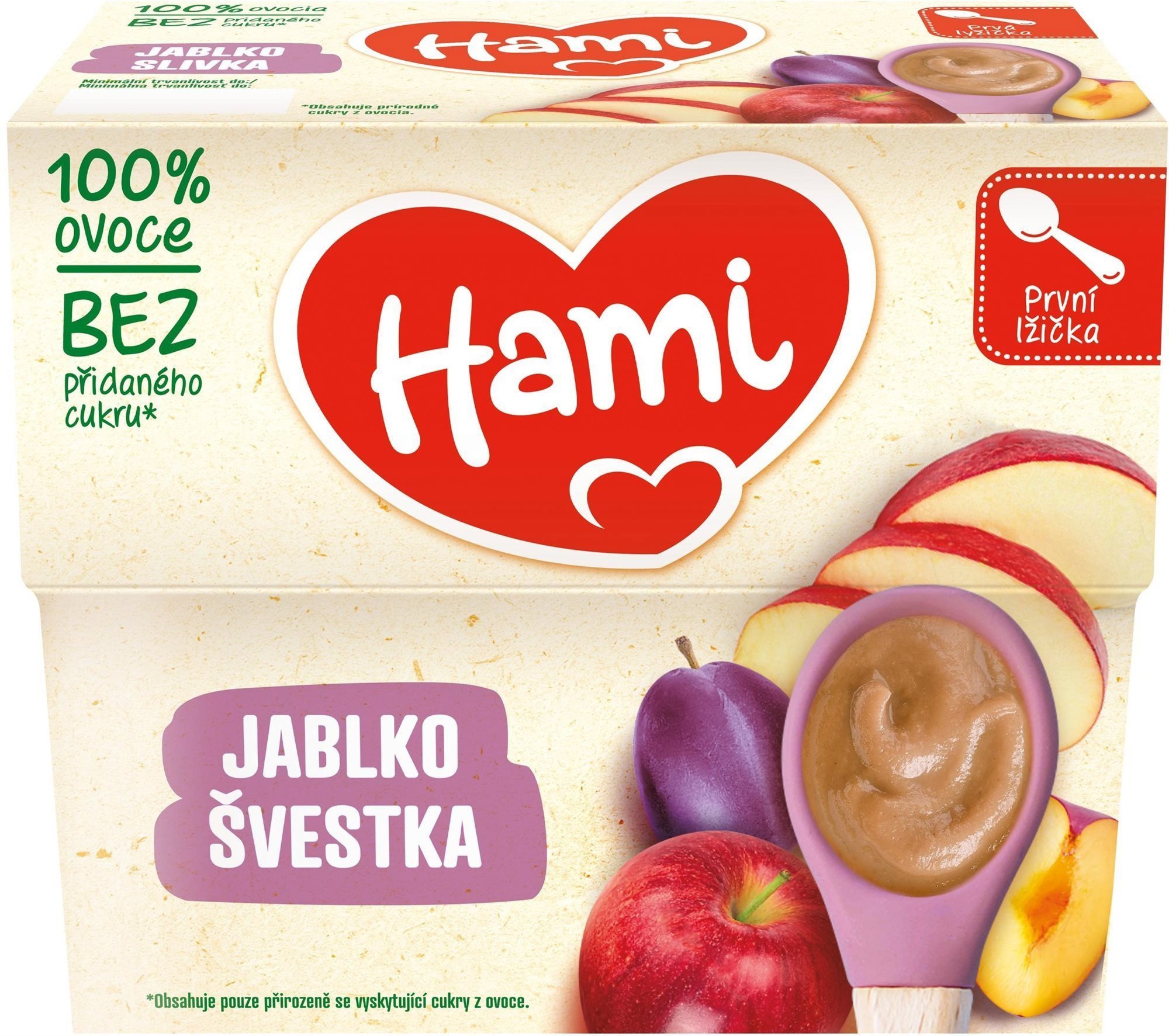 Příkrm Hami ovocný příkrm 100% Švestka a jablko první lžička 4× 100 g