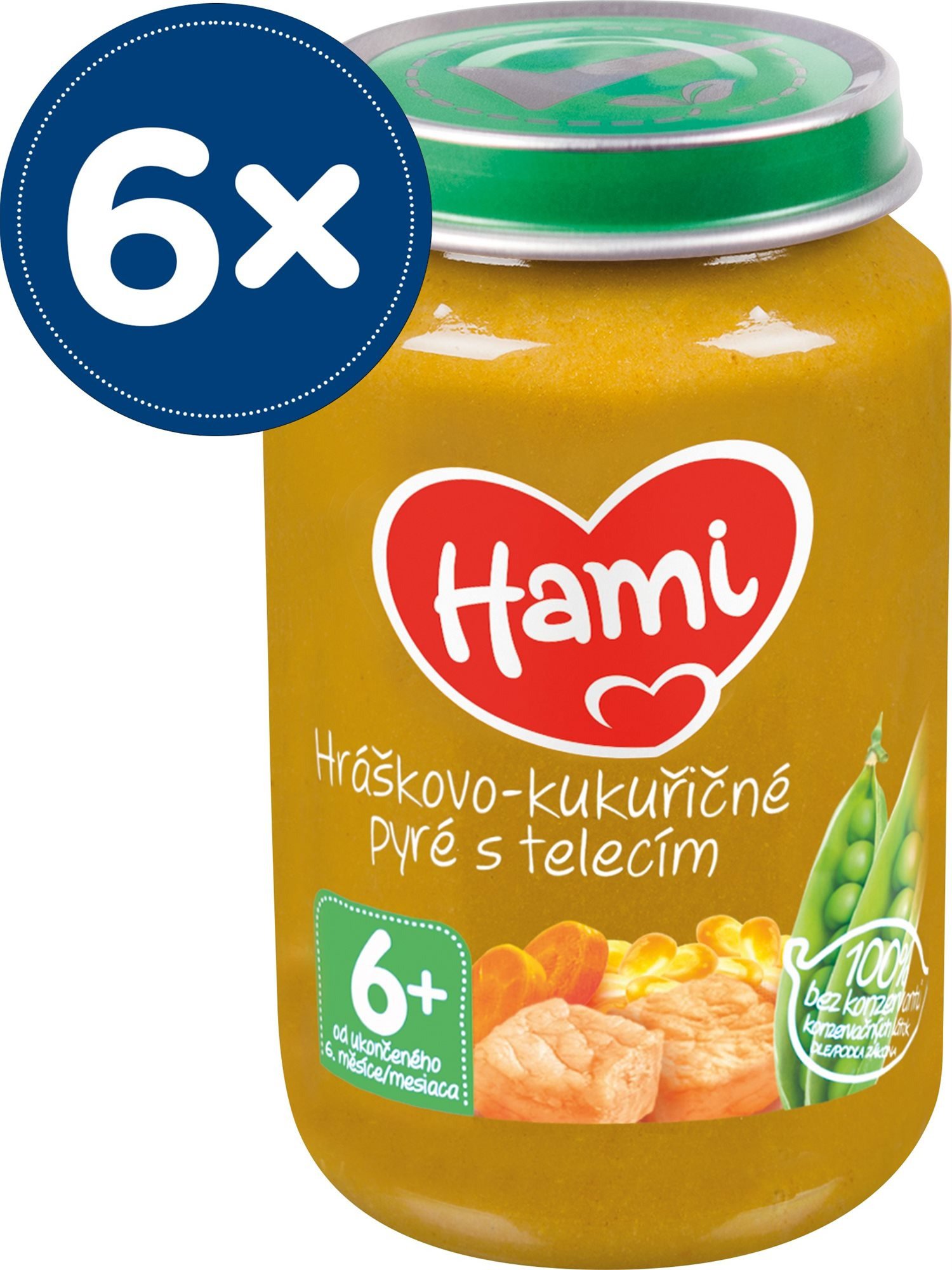 Příkrm Hami Hráškovo-kukuřičné pyré s telecím 6× 200 g