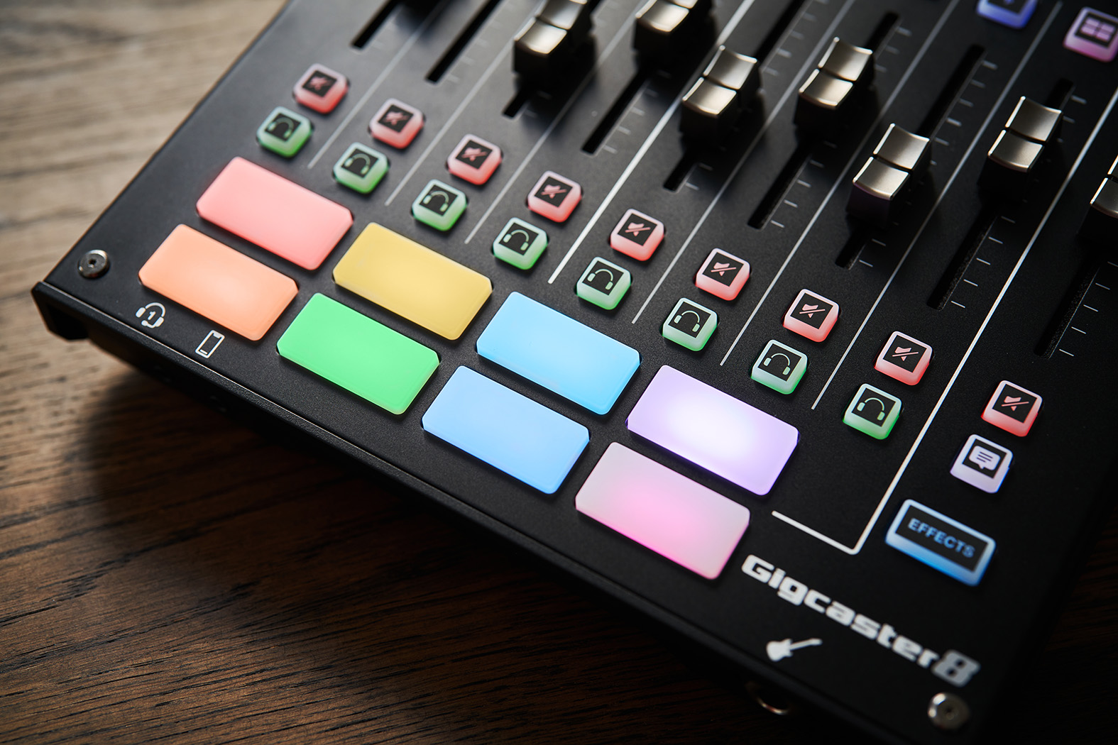 Detail of the Boss Gigcaster 8 mixing console