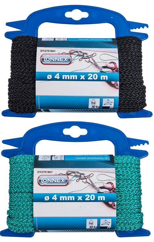 CONNEX PP pletené lano 8pramenné, 4 mm × 20 m, různé barvy (černá, zelená), navíječ