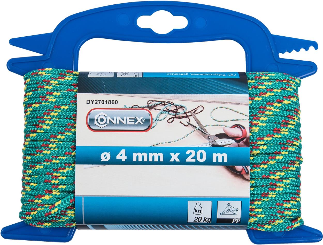 CONNEX PP pletené lano 16pramenné, 4 mm × 20 m, zelená/červ./žlutá, navíječ