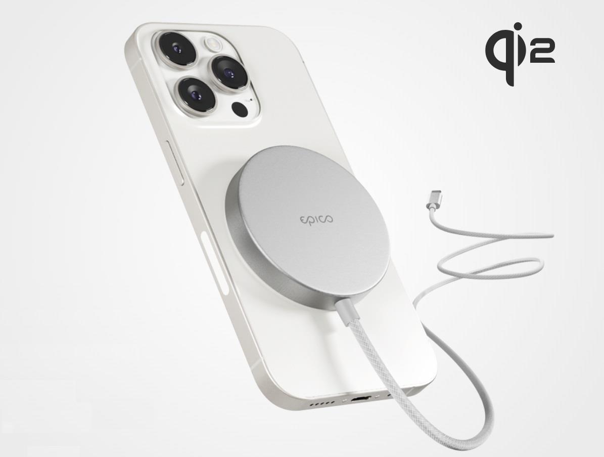 Nabíjačka na telefón MagSafe Epico Qi2 Mag+ bezdrôtová nabíjačka s integrovaným káblom – strieborná