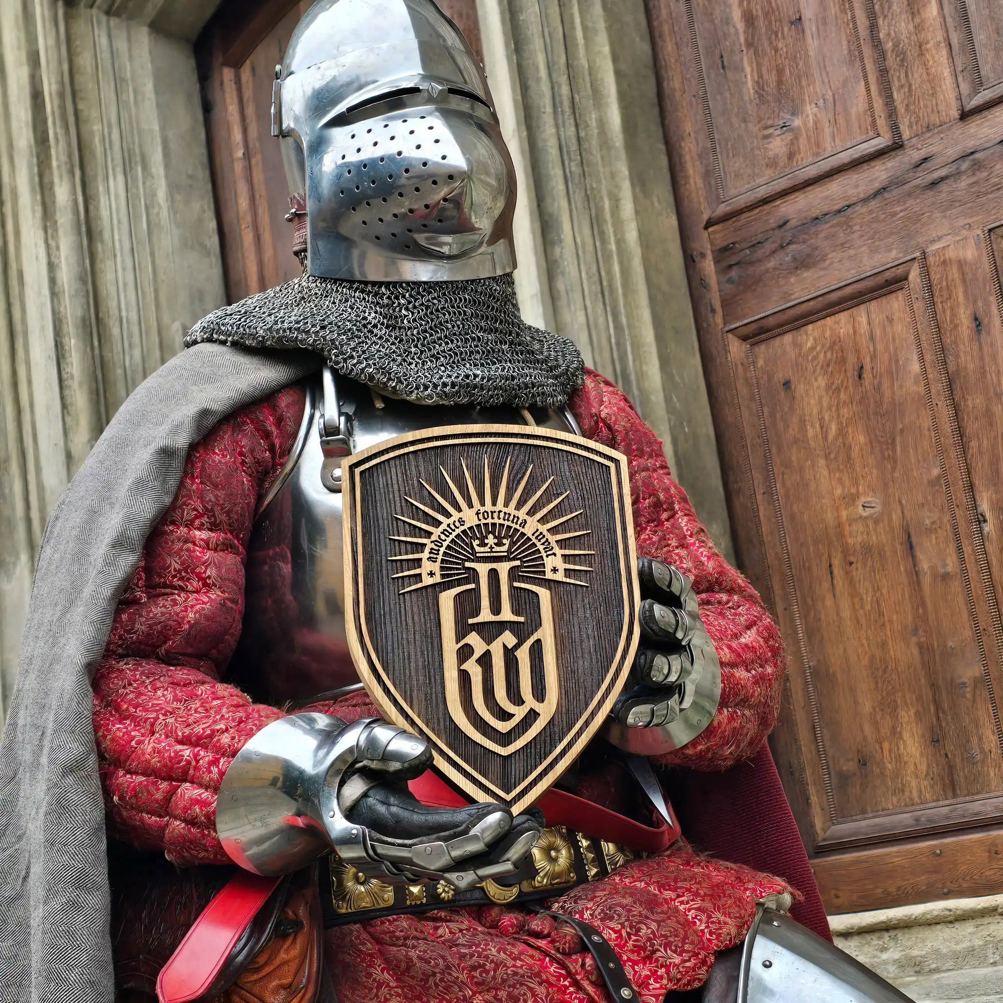 Drevený model Kingdom Come: Deliverance 2 – veľký drevený štít na stenu (21 × 30 cm)