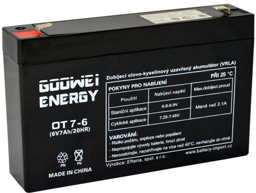Baterie pro záložní zdroje GOOWEI ENERGY Bezúdržbový olověný akumulátor AGM OT7-6 F1, 6V, 7Ah