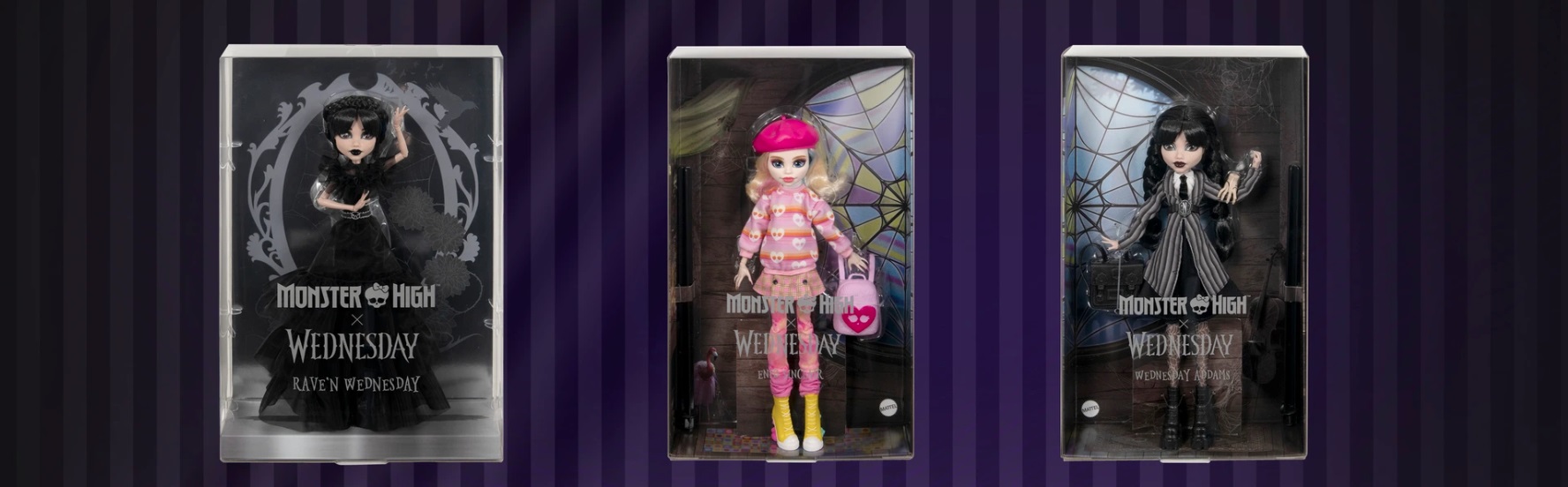 Panenka Sběratelská panenka Monster High X Wednesday Addams v černých šatech Rave’N, doplňky HXJ03